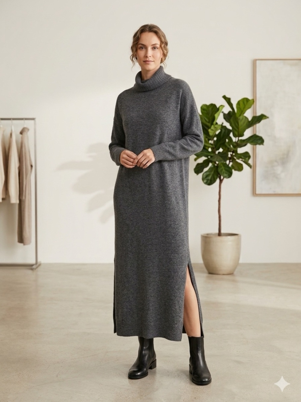Anthropology Turtleneck Long Sleeve Maxi Dress - Dark Gray